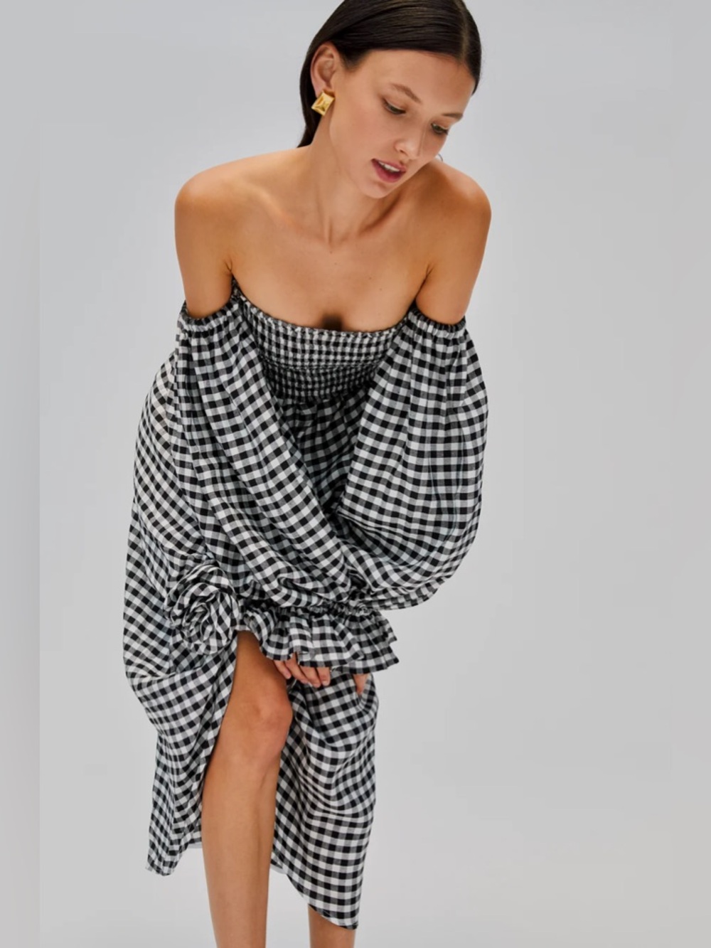 Sleeper Atlanta Linen Dress with Rose Detail in Black Vichy